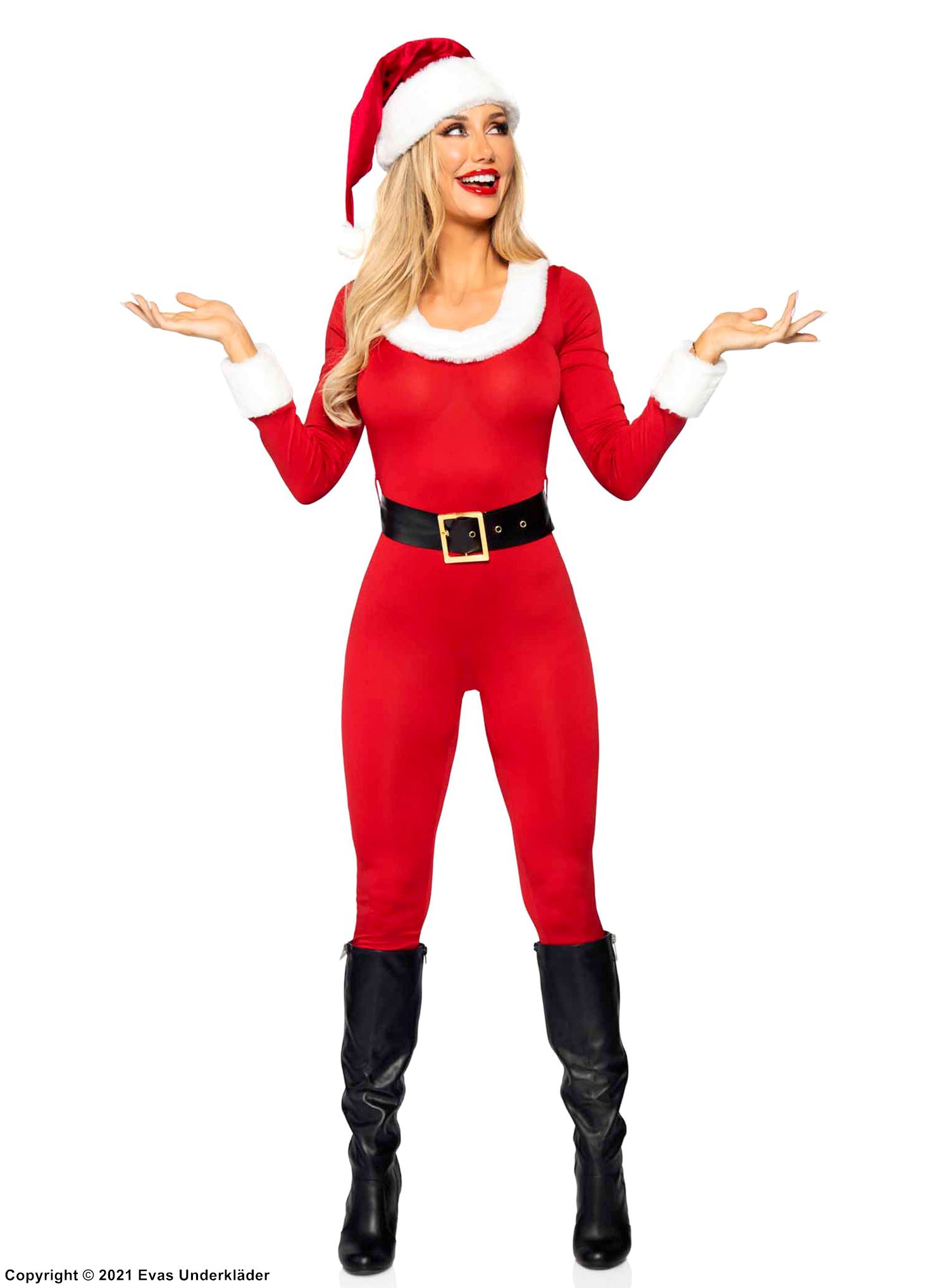 Kvinnelig julenisse, kostyme-jumpsuit, fuskepels, lange ermer, belte